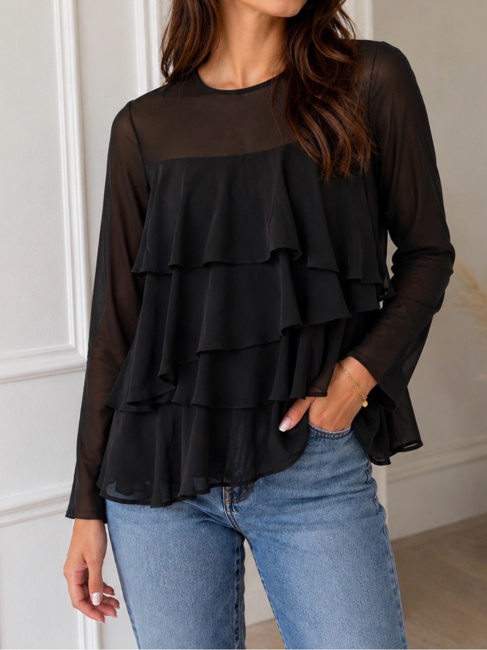 Rachel Zoe Black Tiered Ruffle Blouse – Size 0